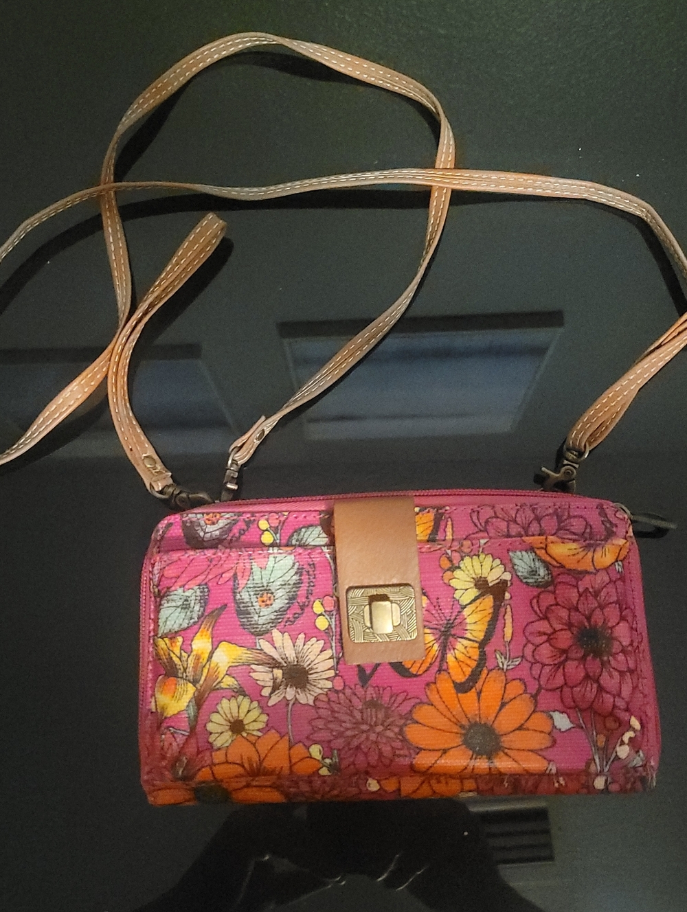 SAKROOTS Floral Pink Crossbody Bag with Tan Strap